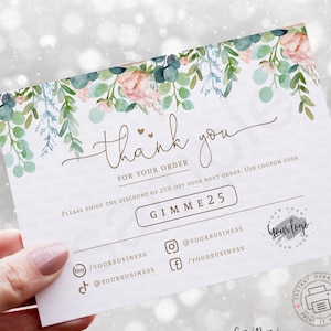 Greenery Thank you for your order insert card editable template, INSTANT DOWNLOAD, Coupon card, Black white Corjl Editable 4x6&quot;card BU003
