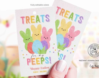 May include: Two pastel pink and yellow Easter treat tags with the text "Treats for my PEEPS! Happy Easter XOXO VALERIE" and a cartoon image of three pastel-colored Peeps.