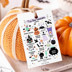 May include: An orange knitted pumpkin with a tag that reads "Tis the season" with Halloween-themed illustrations. A real orange pumpkin sits next to it. The tag includes icons of witches, ghosts, and pumpkins.