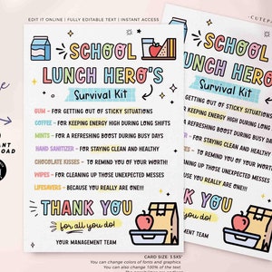 School Lunch Hero Day Survival Kit Tag Printable INSTANT DOWNLOAD Appreciation Gift Tag Lunch Hero Editable Thank You Tag Card