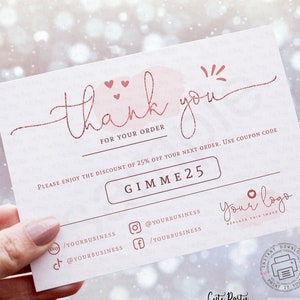 Pink Thank you for your order insert card editable template, INSTANT DOWNLOAD, Coupon card, Blush Pink Corjl Editable 4x6&quot;card BU002