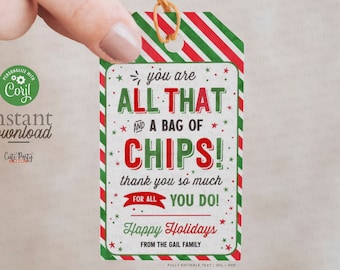 May include: A red and green striped gift tag with the text "You are all that and a bag of chips! Thank you so much for all you do! Happy Holidays from the Gail family."