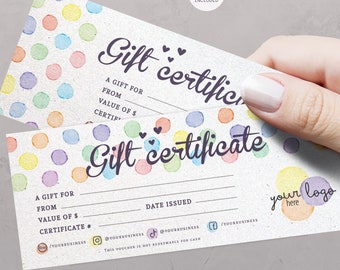 Watercolor Dots Gift Certificate editable template, INSTANT DOWNLOAD, Gift Card Rainbow Corjl Printable Editable Gift Voucher Template BU011