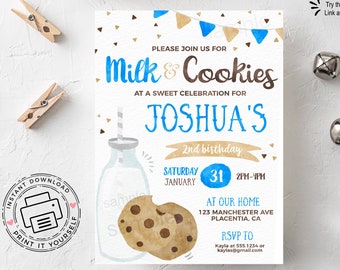 May include: Printable invitation for a child's 2nd birthday party. The invitation features a blue and brown illustration of a glass of milk and a chocolate chip cookie. The text on the invitation reads "Please join us for Milk & Cookies at a sweet celebration for Joshua's 2nd birthday. Saturday, January 31, 2PM-4PM. At our home, 123 Manchester Ave, Placentia, CA. RSVP to Kayla at 555.1234 or kaylas@gmail.com."