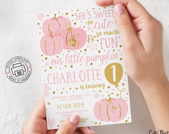 Little Pumpkin Birthday Invitation Girl, Pink and Gold (Digital Download)