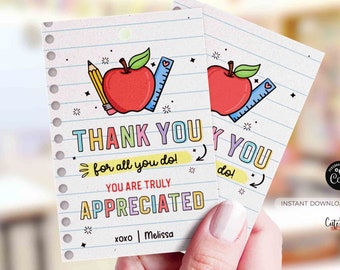 Editable Teacher Appreciation Gift Tag: Printable Thank You Card (Instant Download)