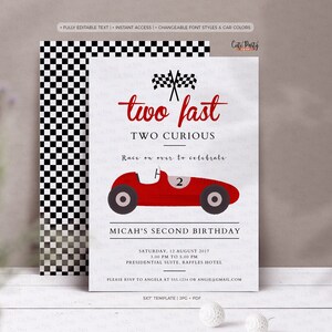 Two Fast Two Curious Birthday Invitation: Race Car Party (Digital Download) image 1