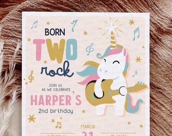 Born TWO rock invitation, Editable Rock Star Unicorn Party Girl Second birthday Rock Invitation Pop Star Rock n' roll #419 INSTANT DOWNLOAD