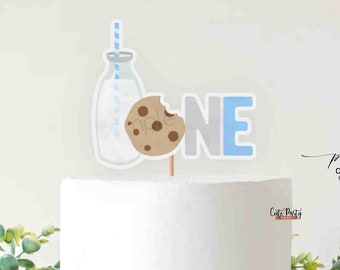 Milk and Cookies 1st Birthday Cake Topper: Blue ONE Decor (Printable)