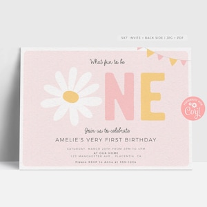 Daisy First Birthday Invitation: Retro Floral, Editable (Digital Download)