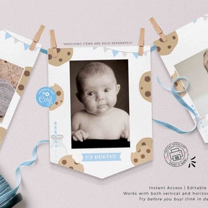 Milk and Cookies Birthday Monthly Photo Banner, INSTANT DOWNLOAD, EDITABLE Minimalist Blue White Printable milestone, Garland, Corjl 526