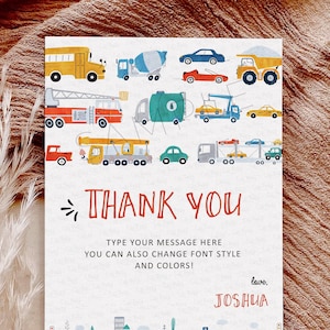 Editable Transportation Birthday Thank you card, Thank you note, Printable truck car birthday theme, INSTANT DOWNLOAD, City party decor #509