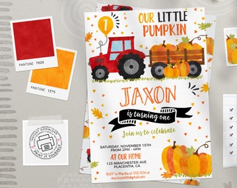 May include: A printable invitation for a first birthday party with a pumpkin theme. The invitation features a red tractor pulling a wagon full of pumpkins, with the text "Our Little Pumpkin" and "Jaxon is turning one". The invitation is decorated with fall leaves and pumpkins.