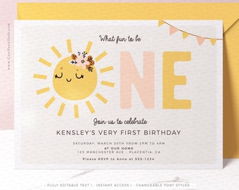 Sunshine First Birthday Invitation: Boho Sun, Editable Template (Digital Download)