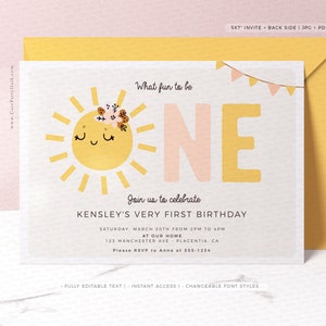 Little Sunshine Birthday Girl invitation, Printable Editable invite, Boho Sun Little Sunshine First birthday party, INSTANT DOWNLOAD 447