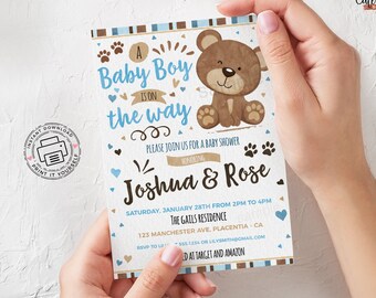 Inbjudan till babyshower med akvarellmotiv: Blå och brun (redigerbar Corjl-mall)
