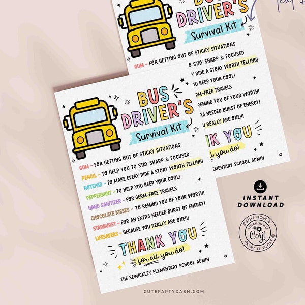 Bus Driver's Survival Kit Tag Printable INSTANT DOWNLOAD Editable school bus driver Gift Survival Kit Card appreciation week School