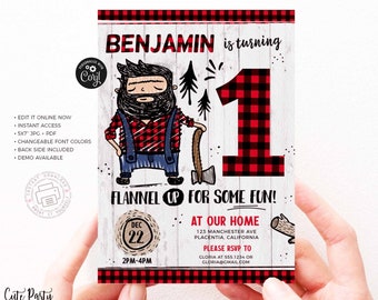 Doddle Lumberjack First Birthday Party invitations, Buffalo Plaid Lumberjack Printable Birthday Invite, INSTANT DOWNLOAD EDITABLE Invite 391