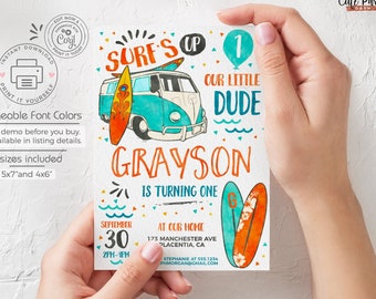 May include: A personalized invitation with a surf theme. The design features a teal and white van with a surfboard on top, and two surfboards. Text includes "Surf's Up," "Our Little Dude," and "Grayson is Turning One." The invitation is 5x7 and 4x6 inches.
