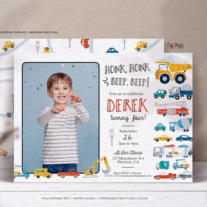 May include: A birthday invitation for a boy turning four. The invitation features a photo of the boy, a colorful illustration of cars and trucks, and the text "Honk Honk Beep Beep! Join us to celebrate Derek turning four!" The invitation also includes the date, time, and location of the party.