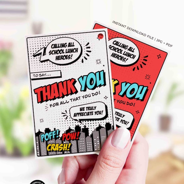 School Lunch Hero Day Appreciation Gift Tag Printable Lunch Hero Editable Thank You Tag Superhero Appreciation Card INSTANT DOWNLOAD