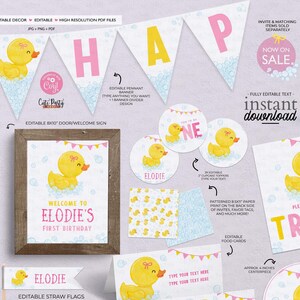 May include: A set of printable party decorations featuring a yellow rubber ducky in a bathtub with pink and blue bubbles. The set includes a welcome sign, banners, water bottle labels, favor tags, food cards, and party signs. The text on the signs says "Welcome to Elodie's First Birthday", "Please Take a Treat", "Cards & Gifts", and "Elodie".