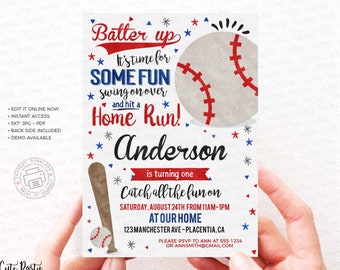 INSTANT DOWNLOAD Baseball Birthday Party invitation, Baseball Boy Birthday Editable invite, Printable Watercolor Baseball Birthday Corjl 383