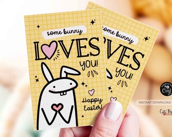 INSTANT DOWNLOAD Some Bunny Loves You Gift Tag, Editable Happy Easter Tag, Easter Treat For Some Bunny, Cartoon Easter Egg Hunt Basket