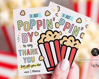 Popcorn appreciation gift tag Popcorn Thank you Teacher Staff School pto pta EDITABLE Employee Nurse Appreciation Week, INSTANT DOWNLOAD