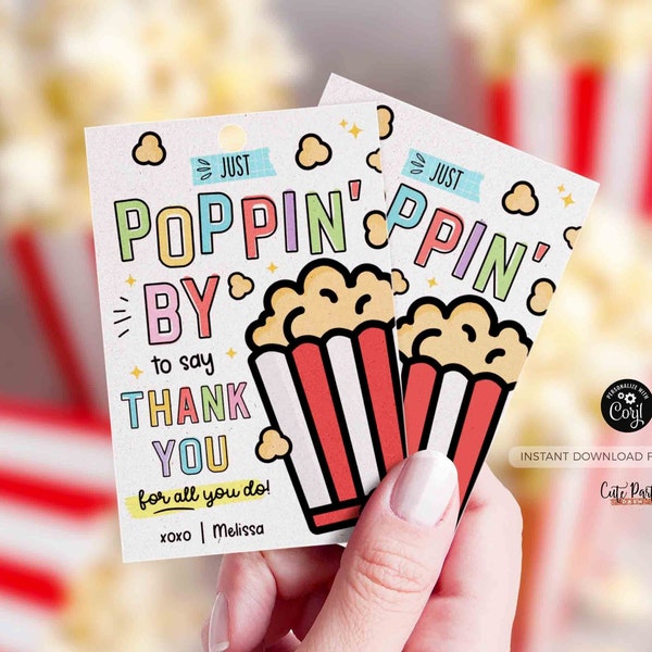 Popcorn appreciation gift tag Popcorn Thank you Teacher Staff School pto pta EDITABLE Employee Nurse Appreciation Week, INSTANT DOWNLOAD