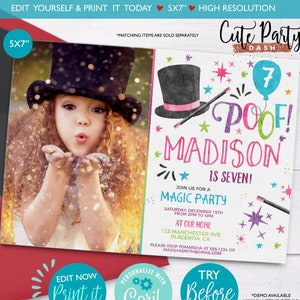 INSTANT DOWNLOAD - EDITABLE Magic Party Photo invitation Magic Birthday corjl invitations Printable Magic Show magician Invite Girls magic