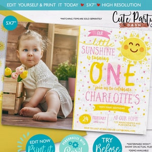 EDITABLE You are my Sunshine Birthday invitation Summer printable Photo invite Sunshine first Birthday corjl Invitation Instant download 481