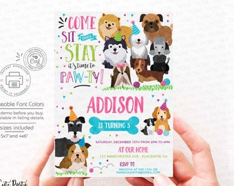 May include: A colorful birthday party invitation featuring a group of cartoon dogs wearing party hats. The invitation says "Come Sit Stay It's time to Paw-ty!" and includes the name Addison, age 3, and party details.