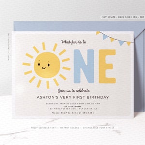 Little Sunshine Birthday Boy invitation, Printable Editable invite, Boho Sun Little Sunshine First birthday party, INSTANT DOWNLOAD 446
