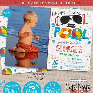 INSTANT DOWNLOAD - EDITABLE Pool party photo invitation pool party Birthday corjl invitation decorations beach ball Birthday summer poo01