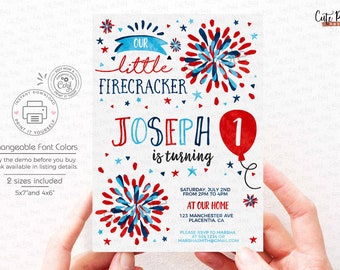 May include: A red, white, and blue printable invitation for a first birthday party. The invitation features a firework design and the text "Our little firecracker Joseph is turning 1".