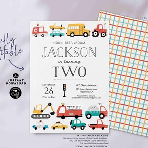 Transportation Birthday Invite Printable INSTANT DOWNLOAD, Editable Cars & Trucks Second Birthday Invitation City Transportation party 509 P