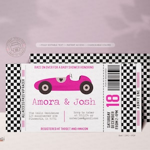 Hot Pink Racing Car Baby Mädchen Dusche Ticket Einladungen schwarz rosa Mädchen Rennauto Corjl Einladung Rennauto Ticket SOFORTIGER DOWNLOAD, #235