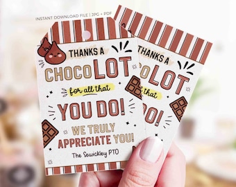 Editable Chocolate Appreciation Gift Tags: Teacher Staff Thank You (Digital Download)