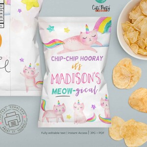 Caticorn Birthday Chip Bag Label: Rainbow Unicorn Cat Party (Instant Download)