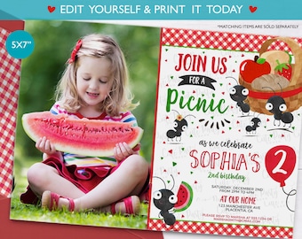 Editable Picnic Birthday Photo Invitation: Ants & Watermelon (Digital Download)