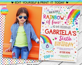 Rainbow Birthday Photo Invitation: Editable Corjl Template (Digital Download)