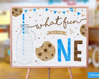 INSTANT DOWNLOAD Milk and Cookies birthday party what fun it is to be one sign, Blue Milk & Cookies Birthday decorations, door sign, 202