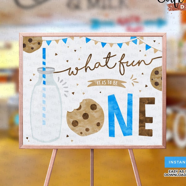 INSTANT DOWNLOAD Milk and Cookies birthday party what fun it is to be one sign, Blue Milk & Cookies Birthday decorations, door sign, 202