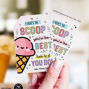 Ice Cream Teacher Appreciation Tag Printable Here's the Scoop Editable Thank You Tag Appreciation Week Employee Nurse Staff INSTANT DOWNLOAD