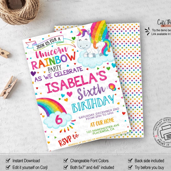 INSTANT DOWNLOAD, EDITABLE Unicorn Rainbow Birthday Party invitation, Rainbow Unicorn imprimable inviter Digital Rainbow Corjl invitations 471