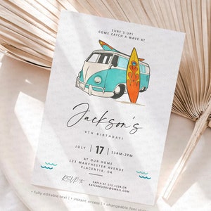 Minimalist Surf birthday Party invitation, Surf's Up Birthday Minimalist Surfing INSTANT DOWNLOAD, Editable Summer beach party invite #436