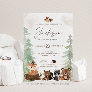 EDITABLE Woodland Birthday invitation, Forest Animals Woodland Party invite, Corjl invitation, Fox, Deer, Bunny, Bear, 523 INSTANT DOWNLOAD