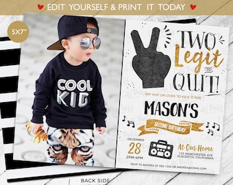 Two Legit To Quit Birthday Party invitation INSTANT DOWNLOAD EDITABLE Hip Hop Birthday printable Photo invite corjl Boy Second Birthday 467