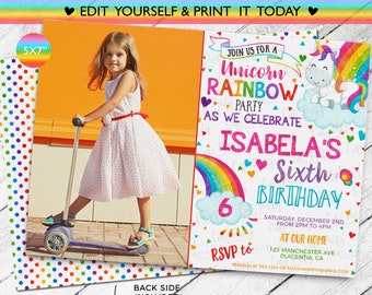 Unicorn Rainbow Birthday Invitation: Editable Corjl Template (Digital Download)